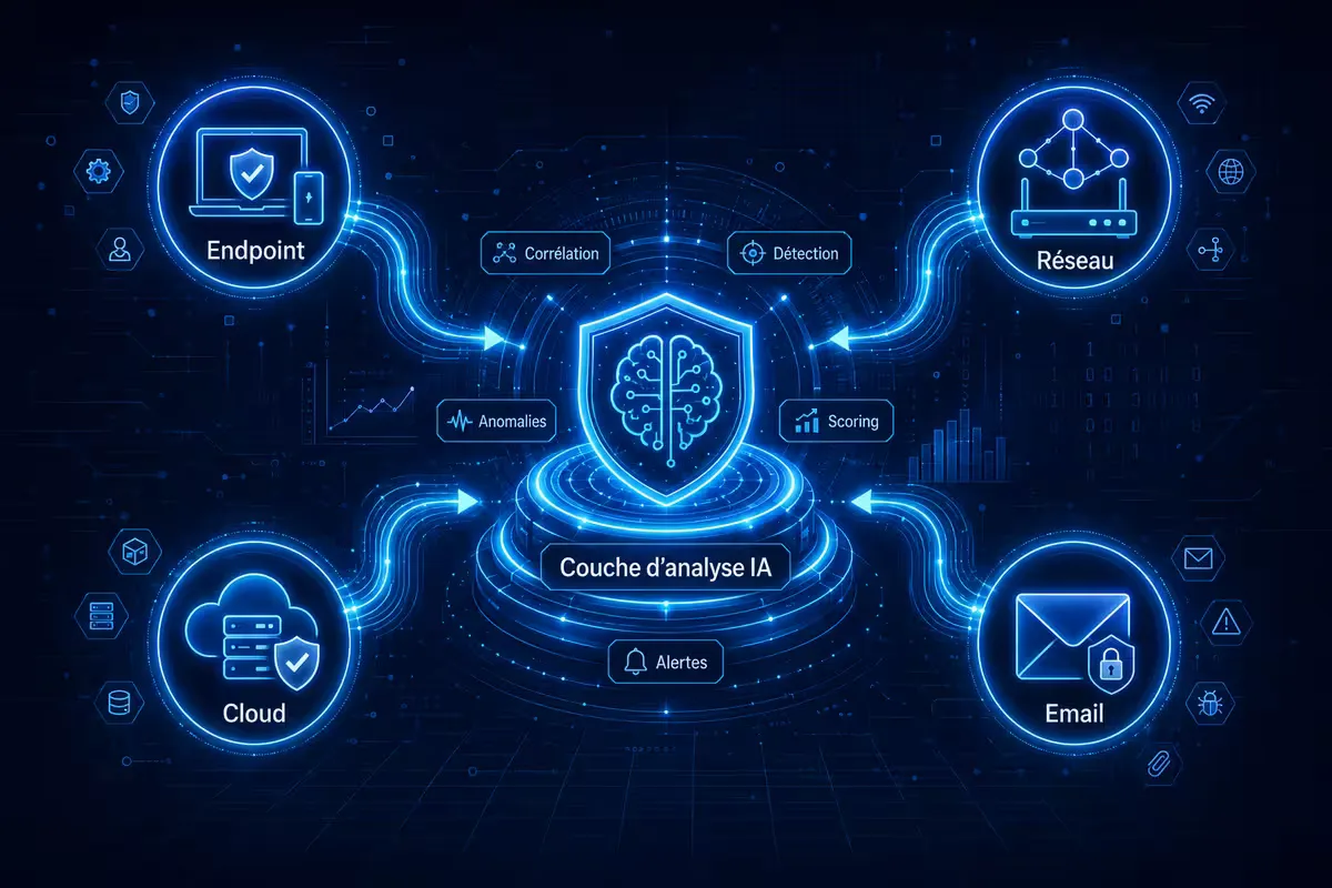 Schéma d'une architecture XDR augmentée reliant endpoints, réseau, cloud et email