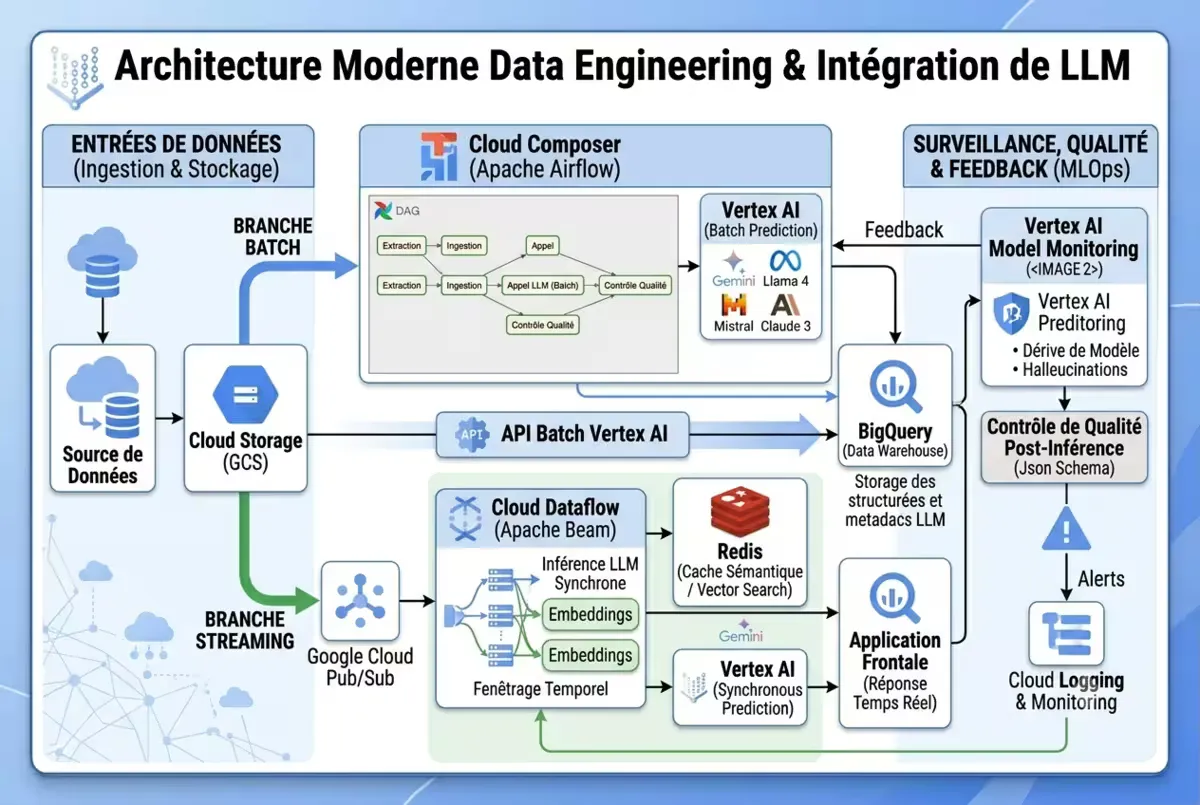 Schéma d'architecture moderne data engineering + LLM (BigQuery, Composer, Dataflow, Vertex AI)