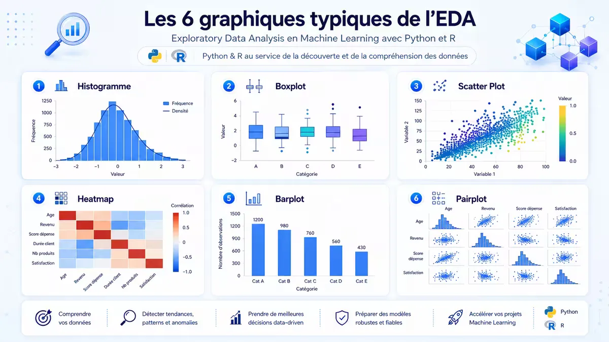 Galerie des visualisations typiques : histogramme, boxplot, scatter plot, heatmap, barplot, pairplot