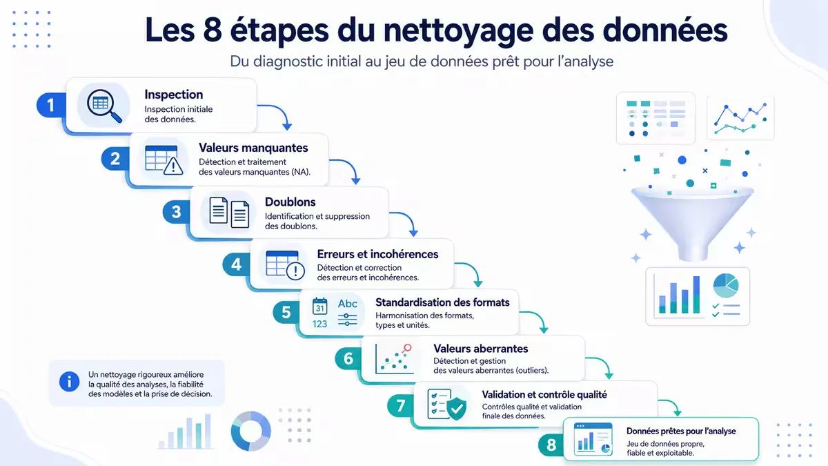 Diagramme des étapes du nettoyage de données : inspection → valeurs manquantes → types → doublons → outliers → standardisation → cohérence → documentation