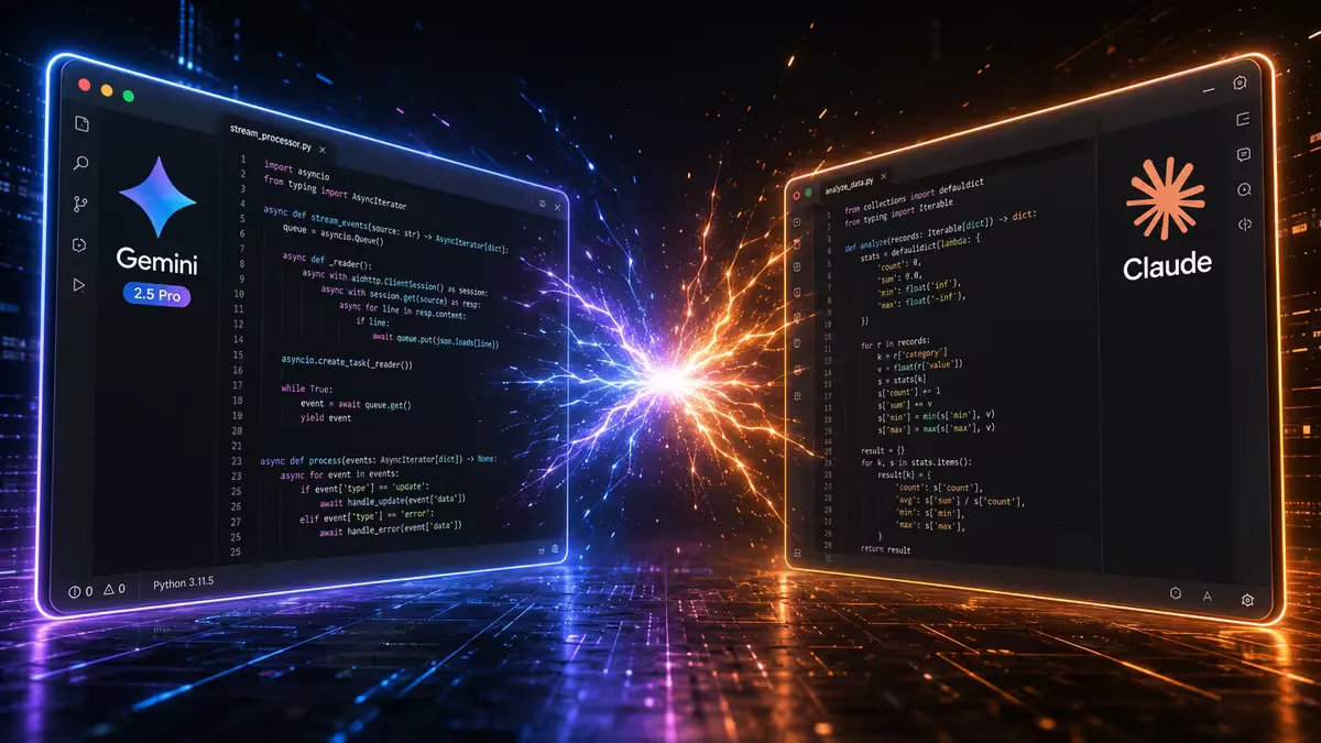 deux écrans de code (un avec logo Gemini, un avec logo Claude) se faisant face