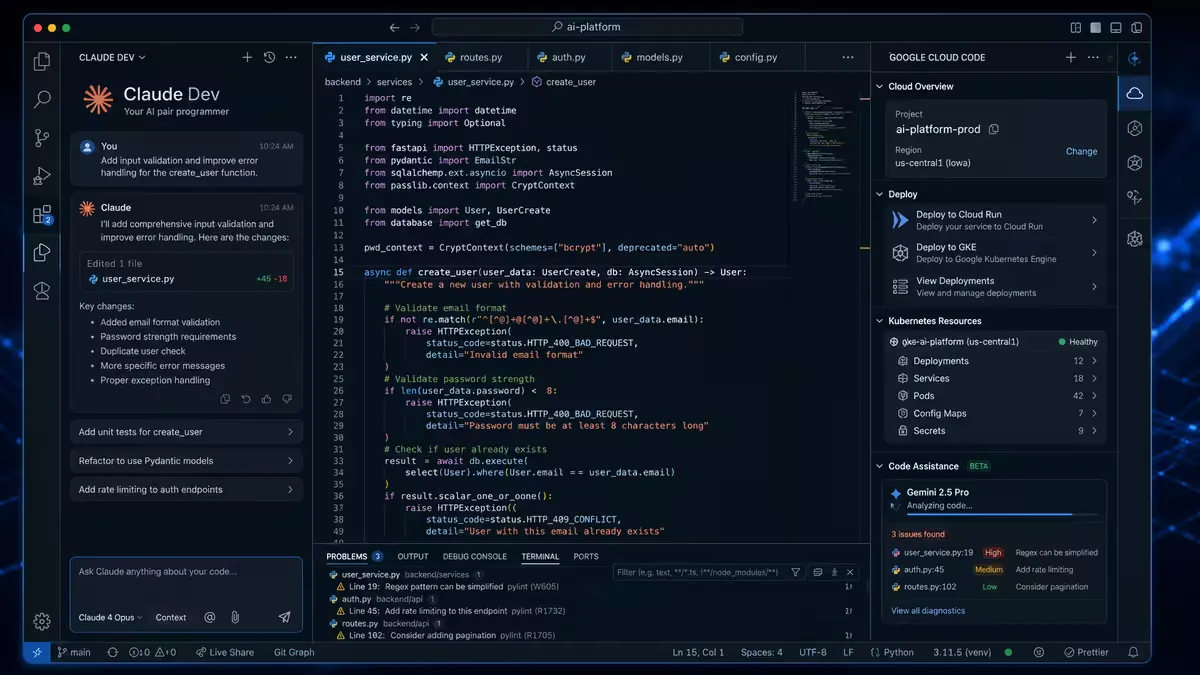 Captures d’écran de VS Code avec extensions Claude Dev et Google Cloud Code