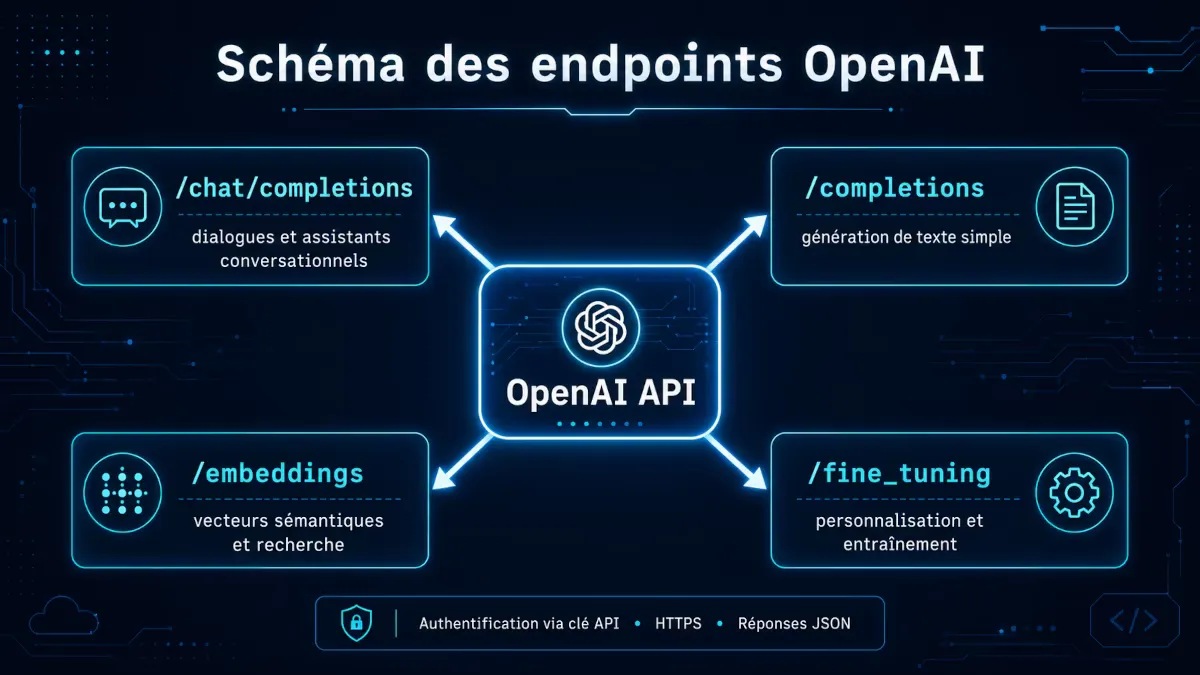 Schéma des endpoints OpenAI : chat/completions, completions, embeddings, fine_tuning