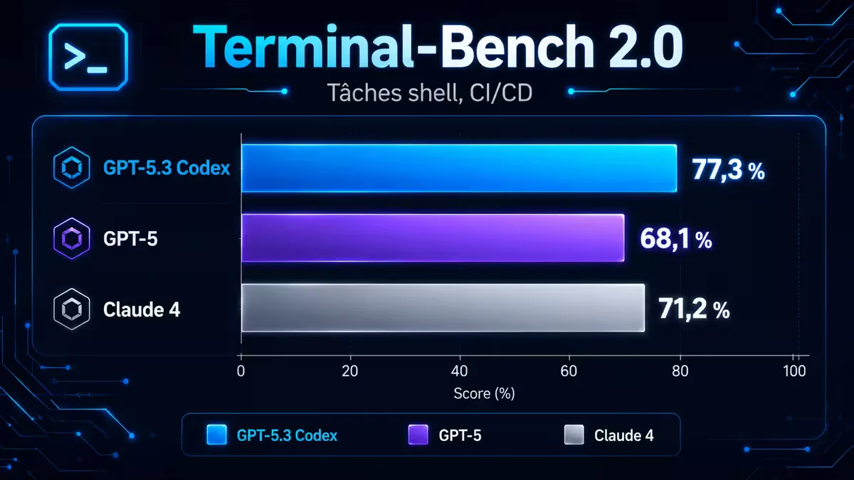 Scores sur Terminal-Bench 2.0 : GPT-5.3 Codex 77,3 %, GPT-5 68,1 %, Claude 4 71,2 %