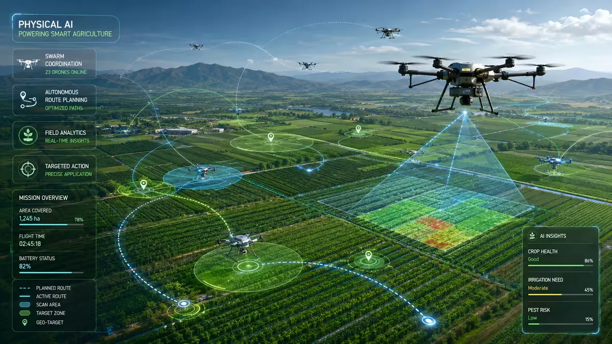 Essaim de drones autonomes survolant une zone agricole