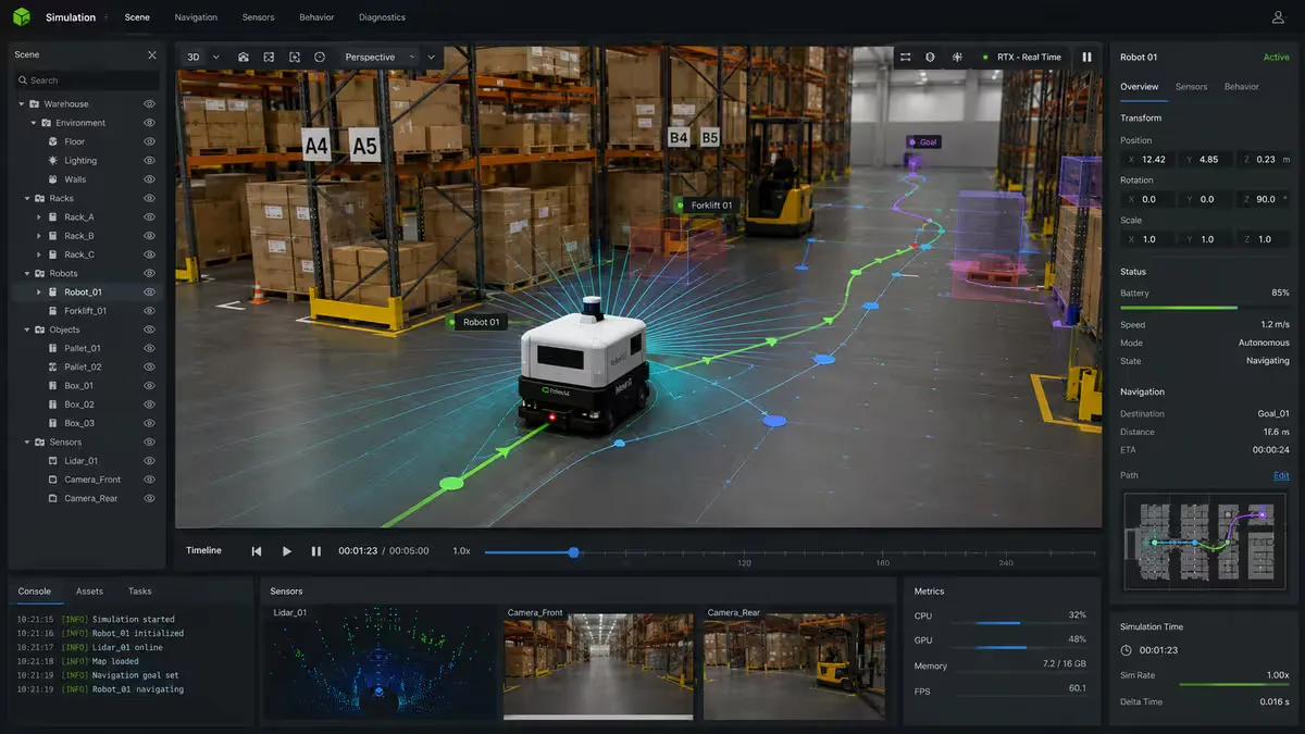 Interface de NVIDIA Isaac Sim montrant un robot dans un entrepôt virtuel