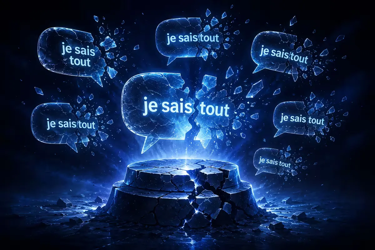 Piédestal avec un écran IA, des mains qui applaudissent, mais des fissures dans le socle