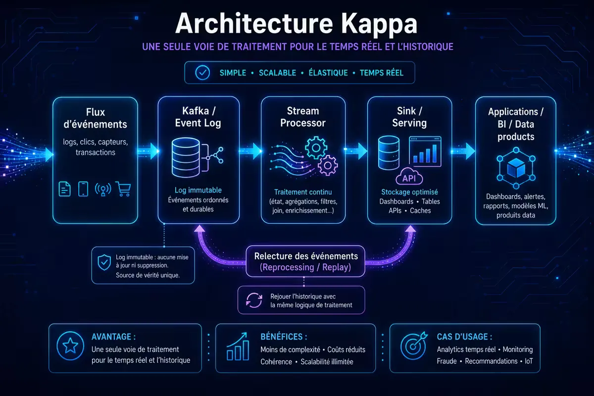 Schéma de l’architecture Kappa : données → Kafka (rétention longue) → stream processor (single) → base de résultats