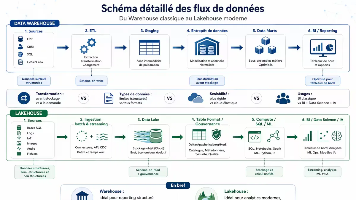 Schéma comparant les architectures Warehouse (données transformées, schéma à l’écriture) et Lakehouse (stockage brut + couche transactionnelle)