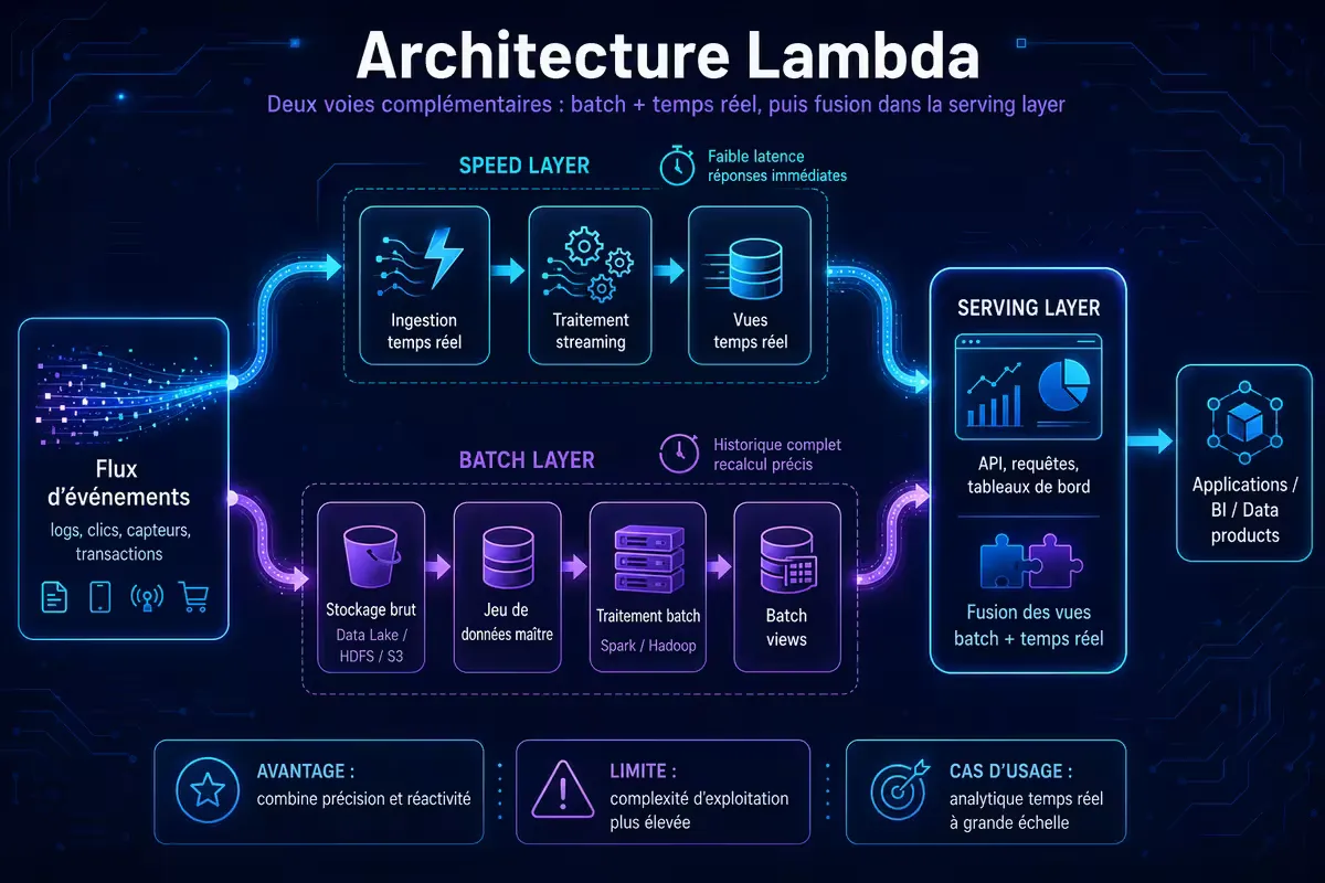 Schéma de l’architecture Lambda : données brutes → batch layer (job périodique) et speed layer (streaming) → serving layer → requête utilisateur