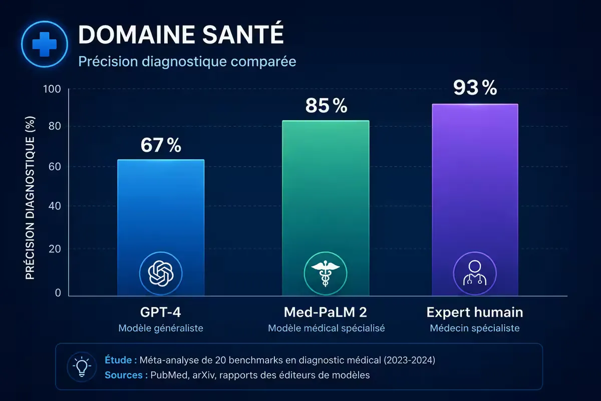 Graphique comparant la précision diagnostique : GPT-4 67 %, Med-PaLM 2 85 %, expert humain 93 %