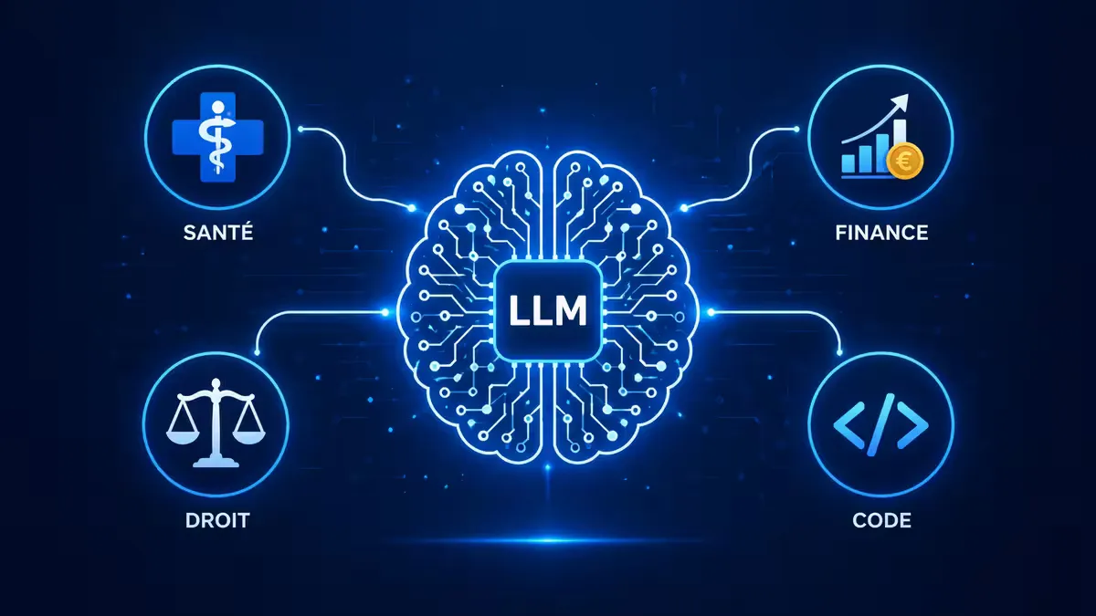 Concept : un LLM généraliste qui se spécialise vers plusieurs domaines : santé, droit, finance, industrie.