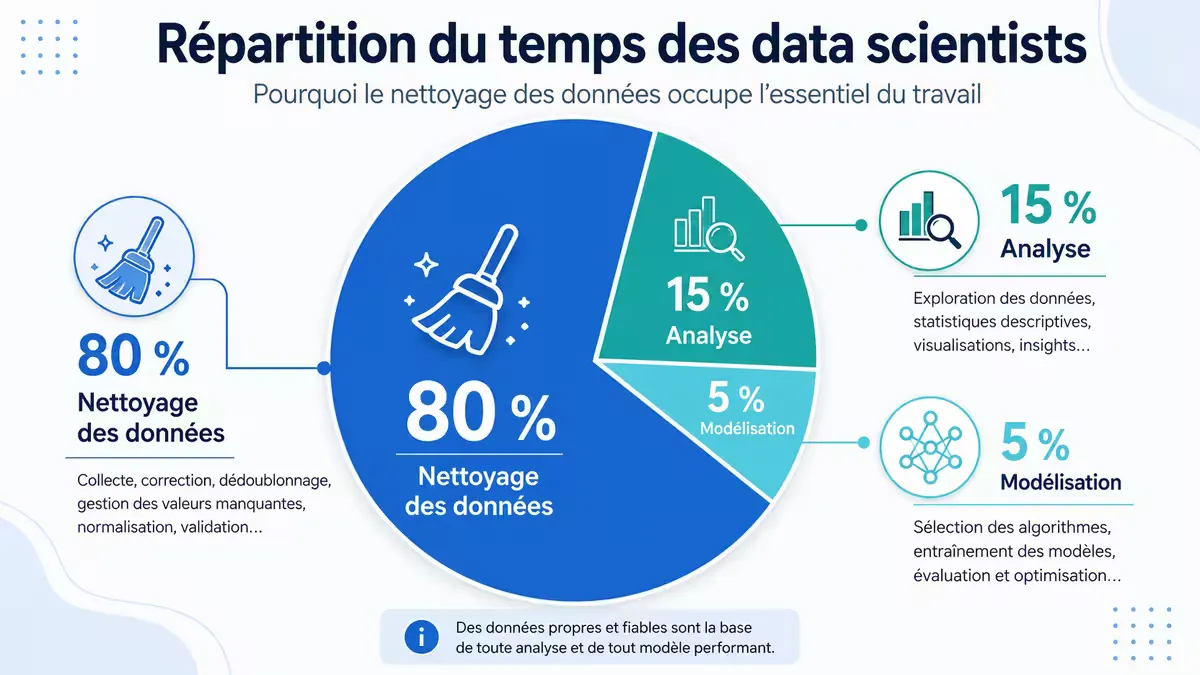 Camembert représentant la répartition du temps d’un data scientist : nettoyage 80 %, analyse 15 %, modélisation 5 %