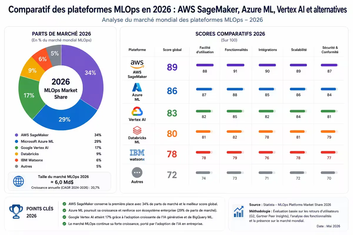 Graphique comparatif des parts de marché et scores des principales plateformes MLOps en 2026.