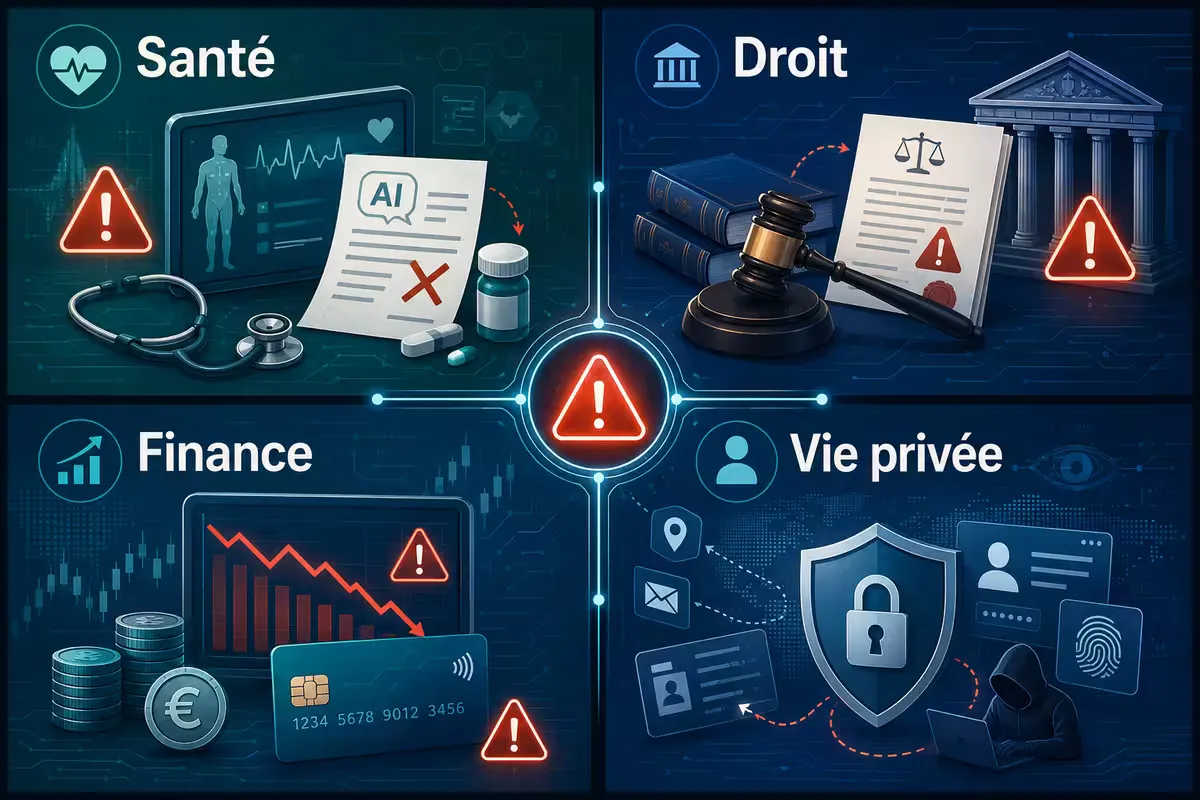 Infographie des risques : diagnostic erroné, conseil juridique faux, investissement hasardeux, divulgation de données