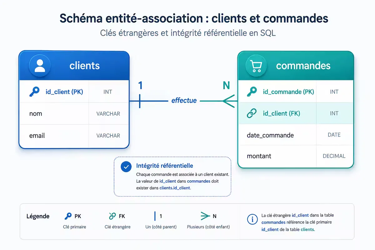 Schéma de deux tables : clients (id PK) et commandes (id PK, client_id FK vers clients.id)