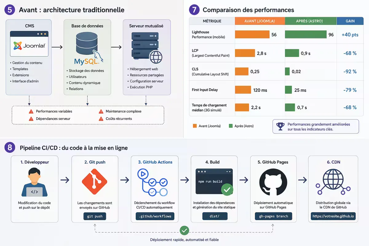 Schéma du workflow : git push → GitHub Actions (build) → GitHub Pages (CDN)